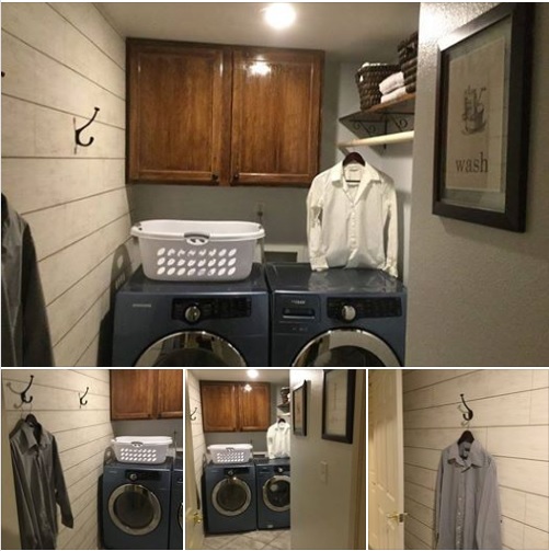 White Laundry Room with Blue Wallpaper on Ceiling  Transitional  Laundry  Room