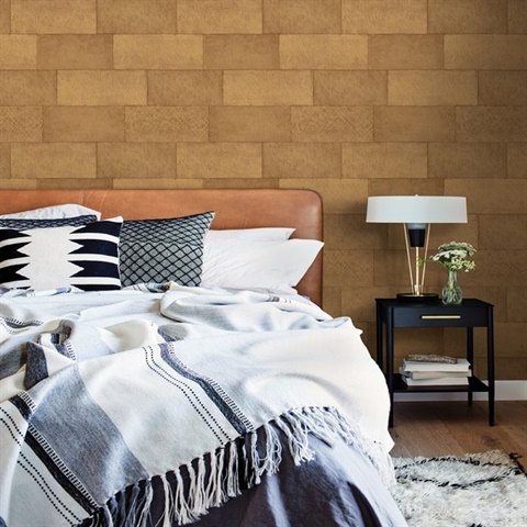 Lyell Brown Faux Textured Block Stone Wallpaper