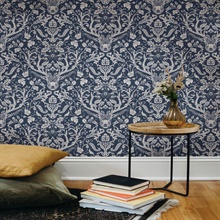 Kiwassa Navy Blue Antler Damask Wallpaper