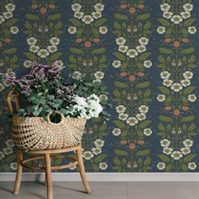 Rosa Navy Floral Columns Wallpaper