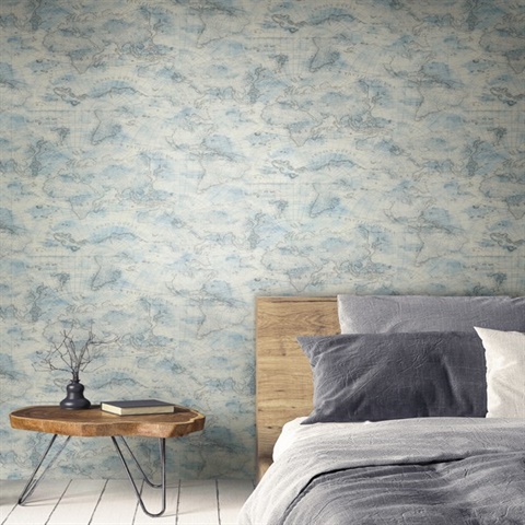 Blue & Grey Coastal Map Peel & Stick Temporary Removable Wallpaper