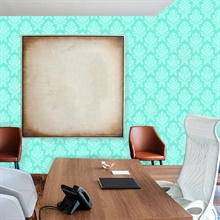 Aqua Large Scale Classic Damask  Type II, 20 Oz Commercial Wallpaper