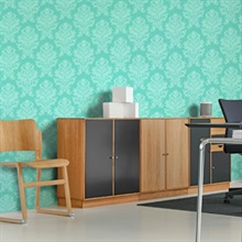 Aqua Large Scale Classic Damask  Type II, 20 Oz Commercial Wallpaper
