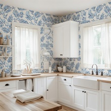 Blue, Light Blue & White Plums and Leaves Wallpaper