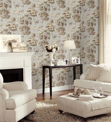 Classic French Countryside Grey & Green Toile Wallpaper , MH36514