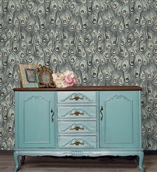 Peacock Feathers Turquoise & Grey Toile Wallpaper , MH36519