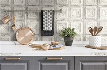 Tile Distressed Tin Tile Linen & Charcoal Peel and Stick Wallpaper, NW32100