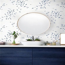 Navy Blue & White Coastal Birds FLying South Wallpaper