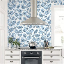 Blue, Light Blue & White Plums and Leaves Wallpaper