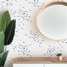 Navy Blue & White Coastal Birds FLying South Wallpaper