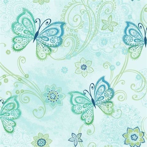 Fantasia Blue Boho Butterflies Scroll