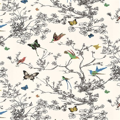 Birds & Butterflies Multi On White