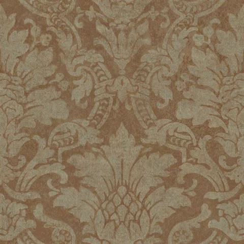 Cynthia Copper Distressed Damask Wallpaper