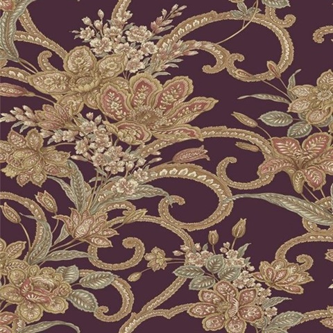 Wren Purple Jacobean Floral Mosaic Wallpaper