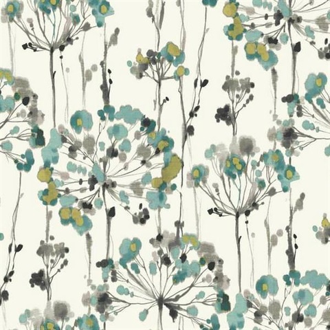 Turquoise Flourish Watercolor Ikat Floral Wallpaper