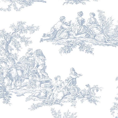 Romanic French Countryside Light Blue Toile Wallpaper