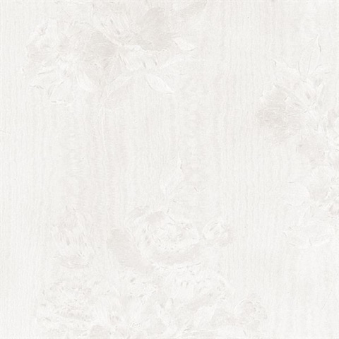 In Register Floral Rose & Leaf Moire Pearl White Wallpaper