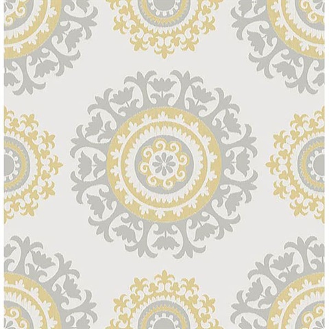 Grey And Yellow Suzani Peel And Stick Wallpaper