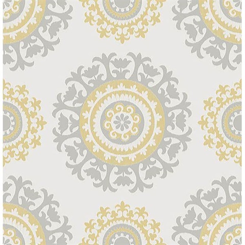 Grey And Yellow Suzani Peel And Stick Wallpaper