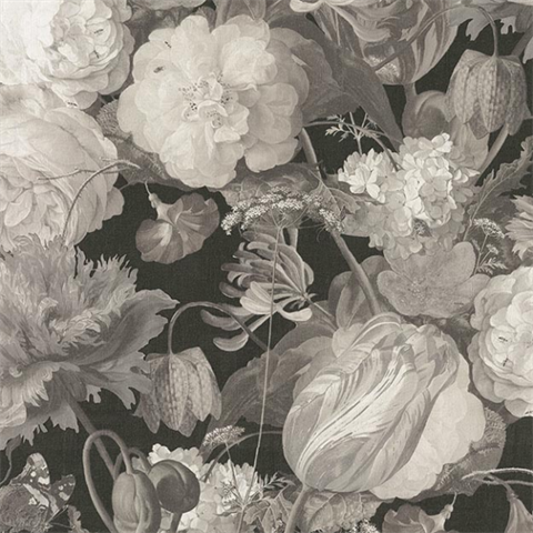 Black & Grey Large Floral on Fabric Texture Wallpaper