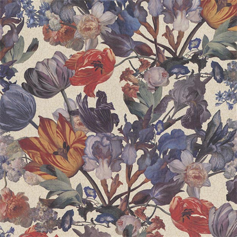 Green & Peach Floral Bouquet On Fabric Texture Wallpaper