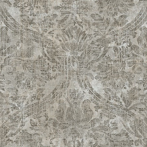 Abigail Grey Weathered Damask Wallpaper