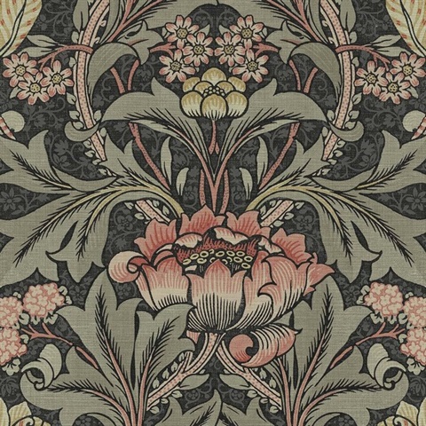 Acanthus Floral Floral Charcoal & Rosewood Peel and Stick Wallpaper