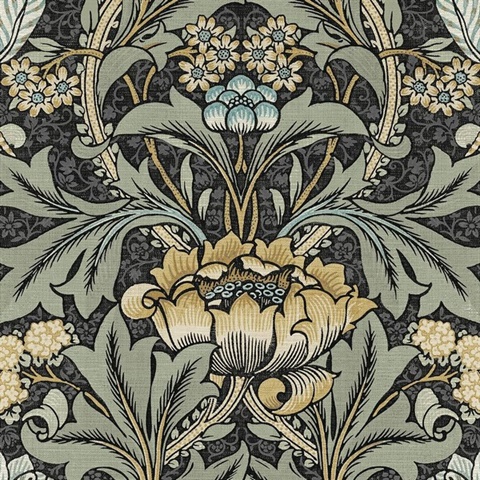 Acanthus Floral Floral Charocal & Goldenrod Peel and Stick Wallpaper