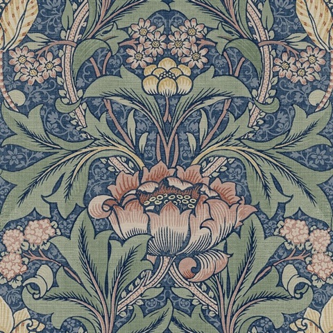 Acanthus Floral Floral Denim Blue & Salmon Peel and Stick Wallpaper