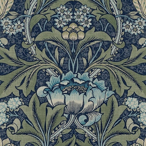 Acanthus Floral Floral Denim & Sage Peel and Stick Wallpaper