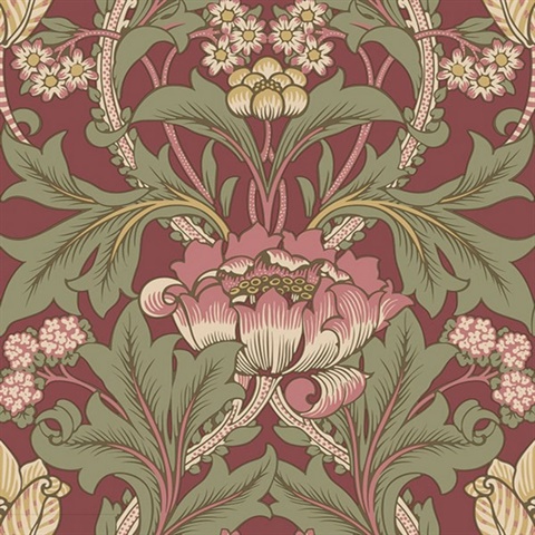 Acanthus Floral Vine Cranberry & Sage Wallpaper