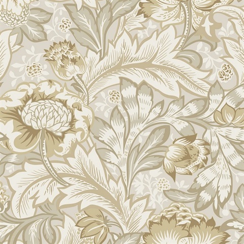 Acanthus Garden Large Floral & Leaf Damask Beige Wallpaper