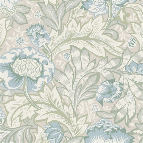 Acanthus Garden Large Floral & Leaf Damask Blue Wallpaper