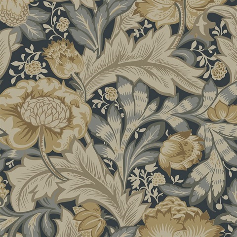 Acanthus Garden Large Floral & Leaf Damask Blue Wallpaper