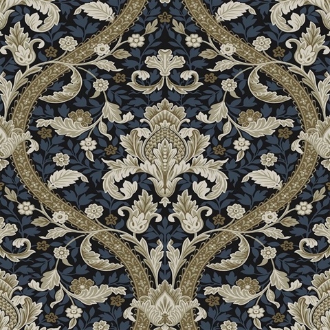 Acanthus Ogee Botanical Blue & Natural Peel and Stick Wallpaper