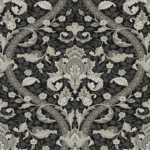 Acanthus Ogee Botanical Ebony & Cliffside Peel and Stick Wallpaper