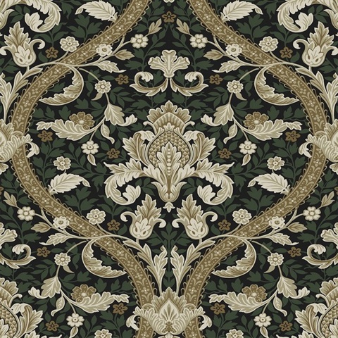 Acanthus Ogee Botanical Ebony & Green Peel and Stick Wallpaper