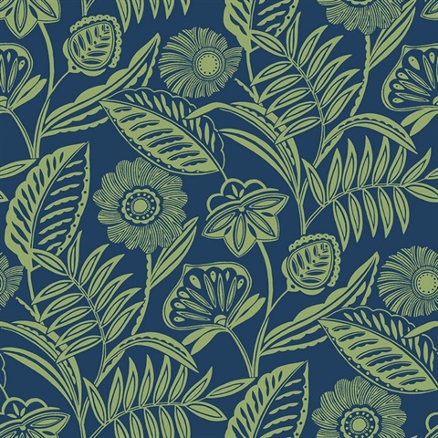 Alma Blue Tropical Floral Leaf Wallpaper