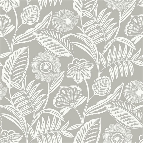 Alma Light Grey Tropical Floral Leaf Wallpaper