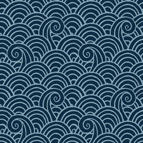 Alorah Navy Blue & Turquoise Abstract Waves Wallpaper