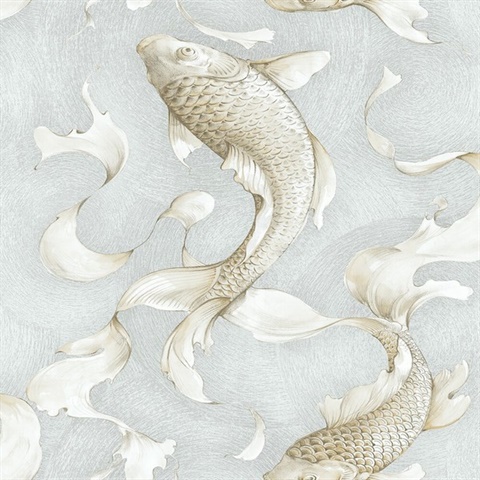 Animal Print Koi Fish Metallic Champagne & Grey Peel and Stick Wallpap