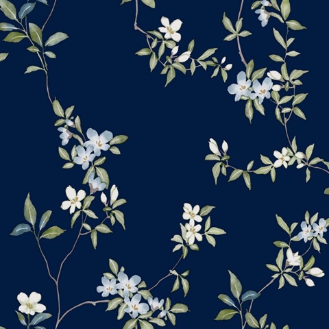 April Blossom Navy Watercolor Floral Wallpaper