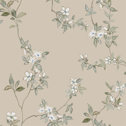 April Blossom Taupe Watercolor Floral Wallpaper