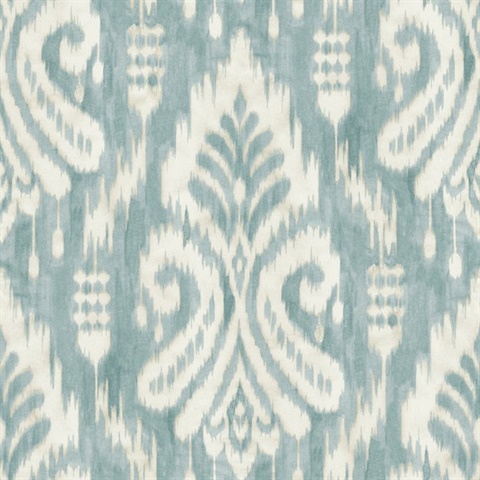 Aqua Hawthorne Ikat Weathered Damask Wallpaper