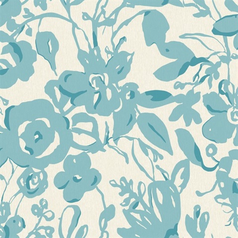 Aqua Painterly Brushstroke Floral Wallpaper