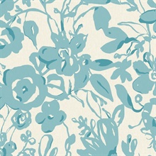 Aqua Painterly Brushstroke Floral Wallpaper