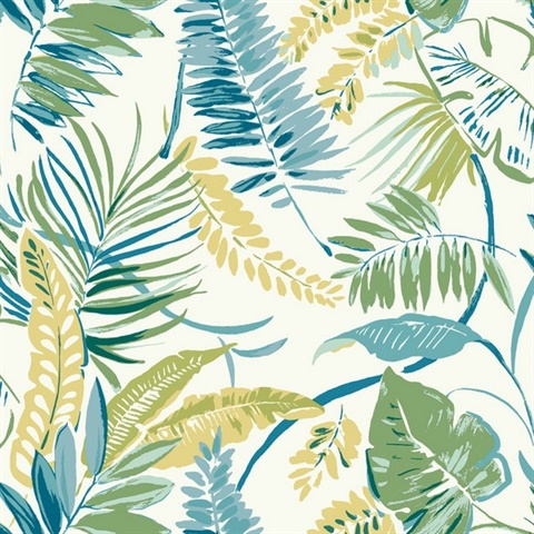 Aqua &amp; Yellow Tropical Toss Leaf &amp; Fern Floral Wallpaper