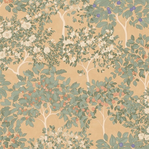 Arbor Serenade Green on Orange Wallpaper