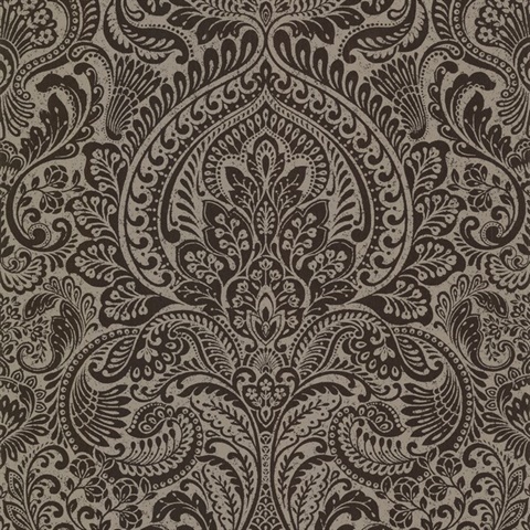 Artemis Espresso Shimmering Metallic Damask Wallpaper