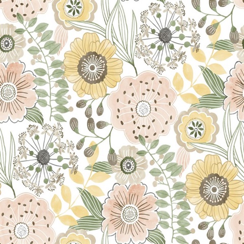 Artistic Bouquet Coral & Lemon Wallpaper
